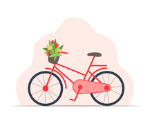 Women's Red Bicycle With A Basket Of Flowers