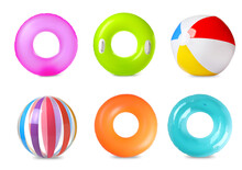 Set With Colorful Inflatable Rings And Balls On White Background