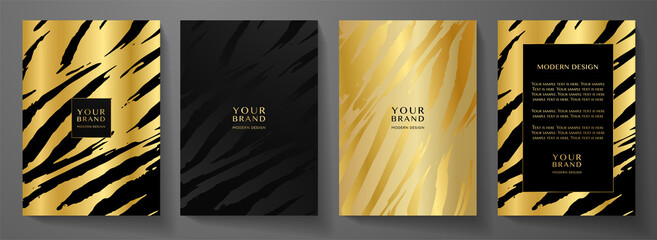 Modern cover, frame design set. Abstract wavy line pattern (curve print) on gold and black background. Premium luxury stripe vector collection for luxe brochure template, restaurant menu