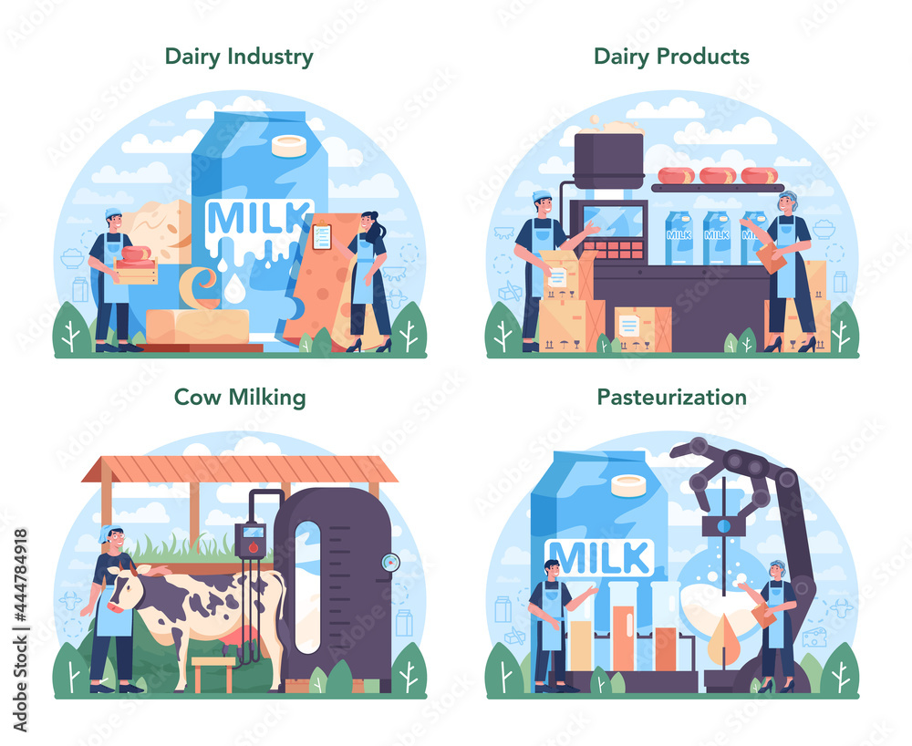 Dairy production industry set. Dairy natural products for breakfast - obrazy, fototapety, plakaty 