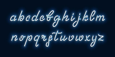 Sticker - Vector realistic isolated Neon Cursive Font for template decoration and invitation covering on the blue background.