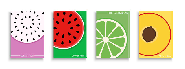 Set of vector colorful fruits covers, templates, placards, brochures, banners, flyers and etc. Bright summer posters. Vibrant tropical backgrounds
