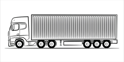 Wall Mural - Container truck abstract silhouette on white background.  A hand drawn line art of a trailer truck car. Vector illustration view from side.