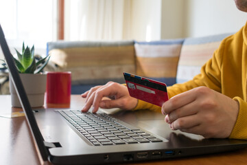 Wall Mural - Unrecognizable person online shopping, on their laptop with a red credit card, in a living room.