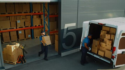 Wall Mural - Outside of Logistics Distributions Warehouse with Diverse Team of Professional Workers Loading Delivery Truck with Cardboard Boxes, Online Orders, Purchases, E-Commerce Goods. High Angle Pedestal Shot