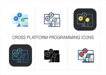 Cross platform programming icons set.Programming environment. Platform for creating new operating systems.Collection of icons in linear, filled, color styles.Isolated vector illustrations