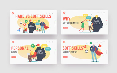 Wall Mural - Soft Skills Landing Page Template Set. Tiny Characters at Huge Human Head. Office Workers Empathy, Communication