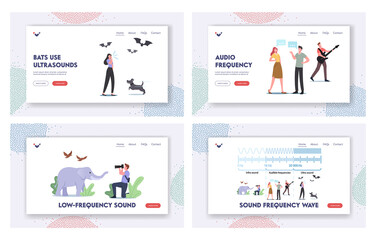  Sound Frequency Waves Landing Page Template Set. Tiny Characters at Huge Infographics Presenting Sound Amplitude