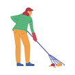 © Kudryavtsev - Woman collecting street garbage with rake, flat vector illustration isolated.