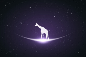 Sticker - Lonely giraffe. Endangered animal silhouette. Starry sky, glowing outline