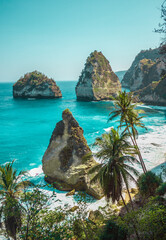 the deserted beach, nusa penida island near bali, indonesia. ocean waves, cliffs and a desert beach 