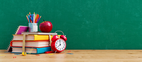 ready for school concept background with books, alarm clock and accessory 3d rendering, 3d illustrat