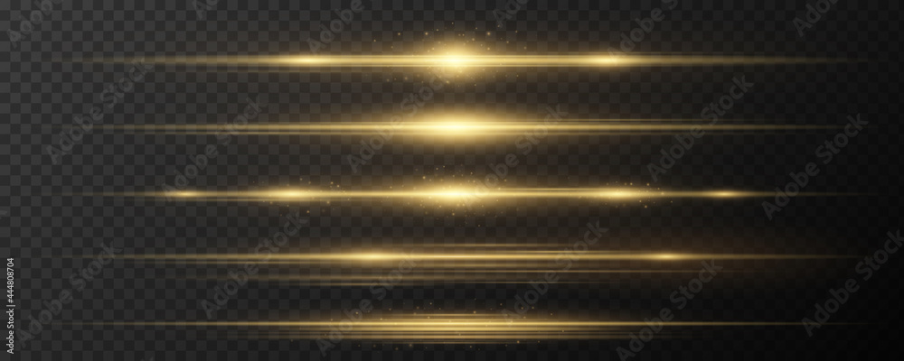 Set of horizontal golden light effects on a dark transparent background. Collection of luxurious beams. Bright rays with glowing dust. Optical glare. Vector - obrazy, fototapety, plakaty 