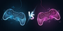 Versus Template With Modern Gamepads. VS Screen For Sport Video Games, Match, Tournament, E-sports Competitions. Joystick For Console. Game Concept Design. Vector Illustration