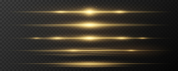 Wall Mural - Set of horizontal golden light effects on a dark transparent background. Collection of luxurious beams. Bright rays with glowing dust. Optical glare. Vector