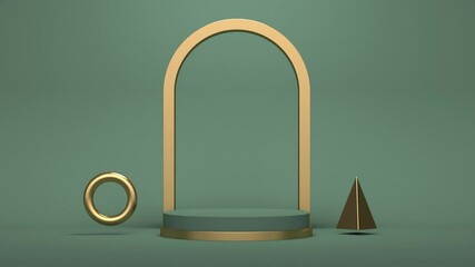 Poster - 3D Podium with a golden arch on a green background. Minimal modern seamless motion design. Abstract animation
