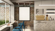 Cafe shop design Minimalist 
 Loft,Counter granite stone,Shelf on white wall,Waiting area white table blue chair,Frame mockup on brick wall,Concrete floors -3D render