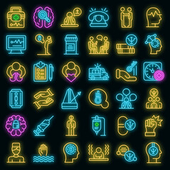 Canvas Print - Supporting mental health icons set. Outline set of supporting mental health vector icons neon color on black