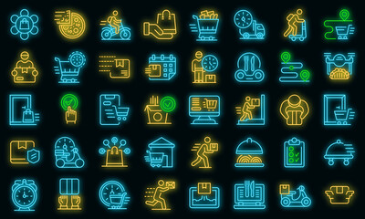 Poster - Home delivery icons set. Outline set of home delivery vector icons neon color on black