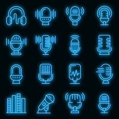 Poster - Podcast icons set. Outline set of podcast vector icons neon color on black
