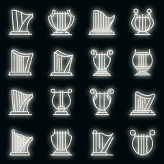 Poster - Harp icons set. Outline set of harp vector icons neon color on black