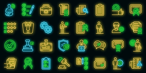 Poster - Quality assurance icons set. Outline set of quality assurance vector icons neon color on black