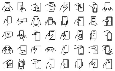 Poster - Hand holding phone icons set outline vector. Mobile chat. Smartphone messenger