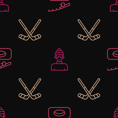 Poster - Set line Winter fishing, Ice hockey sticks and athlete on seamless pattern. Vector