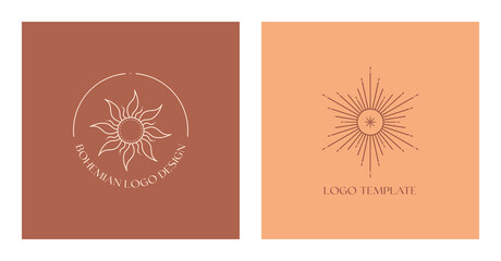 Wall Mural - set of vector bohemian logo design templates with sun and sunburst. boho linear icons or symbols in 