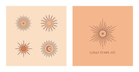 Wall Mural - set of vector bohemian logo design templates with sun and sunburst. boho linear icons or symbols in 