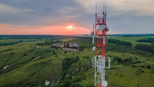 Telecommunication Tower 5G, Wireless GSM Antenna Connection System Of Communication Systems In Countryside.
