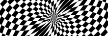 Vector Illustration Of Abstract Pattern With Optical Illusion. Op Art Checkered Background. Long Horizontal Banner.
