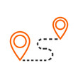 Icono con hoja de ruta entre punteros con línea de puntos en color gris y naranja