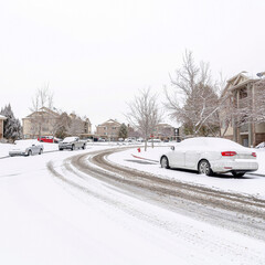 Canvas Print - Square Frosty neighborhood on a winter setting with road along houses and yards