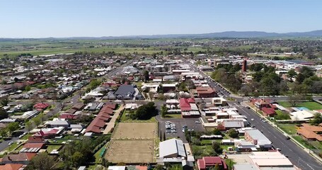 Canvas Print - Town of Bathurst – local streets and downtown in aerial panning as 4k.
