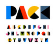 Rainbow color art alphabet, geometric letters for festival. Shapes primitive carnival font, birthday headline, kids zone and children toys logo.Funny and joy vibrant style type design,vector typeset
