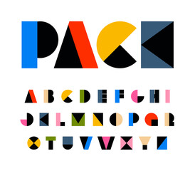 Aufkleber - Rainbow color art alphabet, geometric letters for festival. Shapes primitive carnival font, birthday headline, kids zone and children toys logo.Funny and joy vibrant style type design,vector typeset