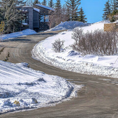 Canvas Print - Square Curvy paved road on a snowy neighborhood with houses amid snow and trees