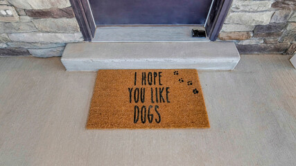 Wall Mural - Pano I hope you like dogs doormat at the doorstep of home with gray front door