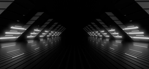 Fototapete - A dark tunnel lit by white neon lights. Reflections on the floor and walls. 3d rendering image.