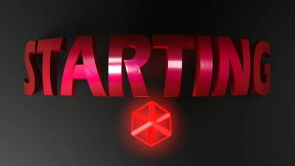 Poster - STARTING red metallic write on black shiny background, with a rotating wireframe red lighted cube - 3D rendering video clip animation