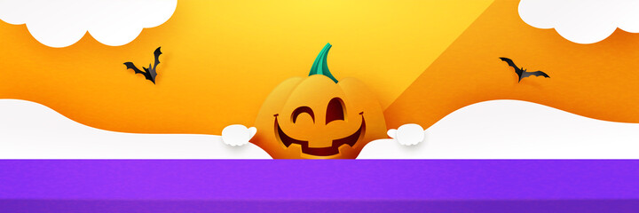 Aufkleber - Halloween background design with product display. 3d Paper art abstract minimal geometric shape template background.Vector illustration.