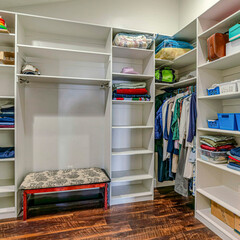 Wall Mural - Square Interior view of walk in closet with built in storage shelves and wooden floor