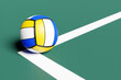 3d illustration of a blue and yellow volleyball ball on the corner of the playing area against a background of glazed grass