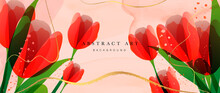 Abstract Art Flower Background Vector. Luxury Minimal Style Wallpaper With Golden Line Art Floral And Botanical Leaves, Tulip, Rose, Spring Growing Flowers And Organic Shapes Watercolor. 