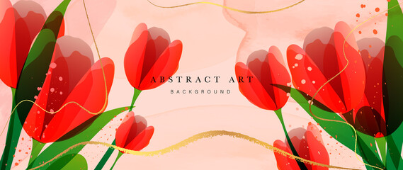 Abstract art flower background vector. Luxury minimal style wallpaper with golden line art floral and botanical leaves, Tulip, rose, Spring growing flowers and Organic shapes watercolor. 