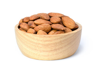 Almond nuts in wooden bowl isolated on white 