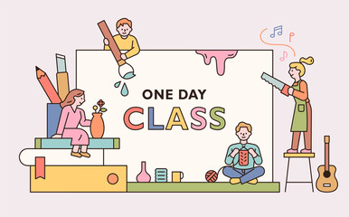 Poster - People are holding various hobby items in front of a large board. One day class poster for hobbies. outline simple vector illustration.