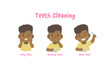 3 steps a black boy cleaning his teeth with toothbrush by brushing teeth. illustration vector on white background. Kids Concept.