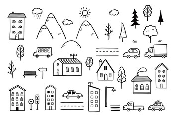 Wall Mural - City map with house, landscape element. Hand drawn sketch style. House, tree, mountain vector illustration for village, city map.